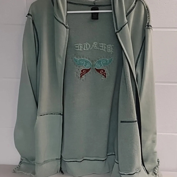 True Grit Lrg PEACE Butterfly Embroider Studs Light Green Hoodie Zip Sweatshirt - Picture 10 of 11